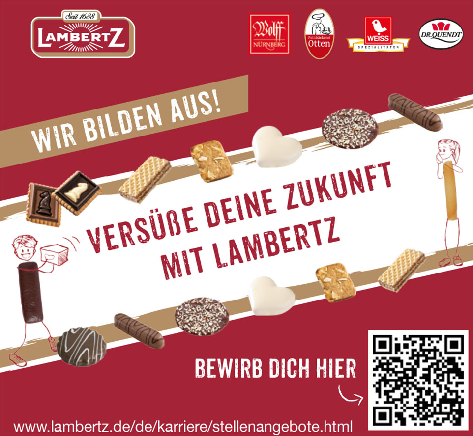 Lambertz-Werbeanzeige mit Logo und verschiedenen Gebäcken