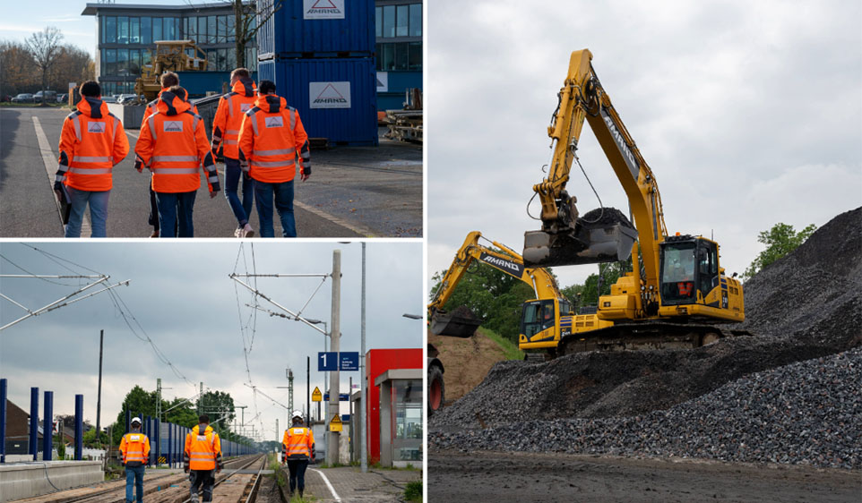 Bildcollage: Gleisbauer auf Schienen. Bagger.