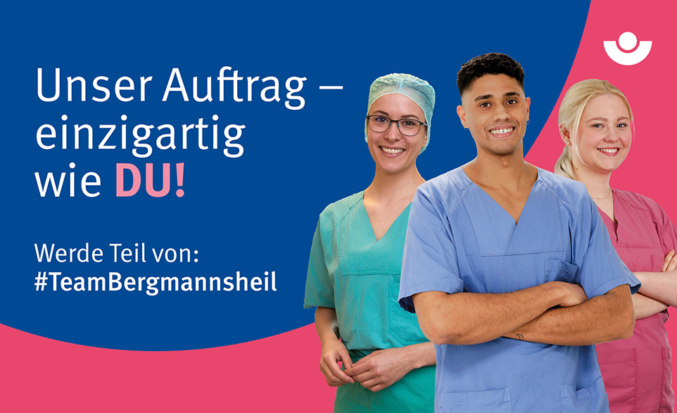 Mitarbeiter des Klinikum im Kittel mit Schriftzug Unser Auftrag ist einzigartig wie du