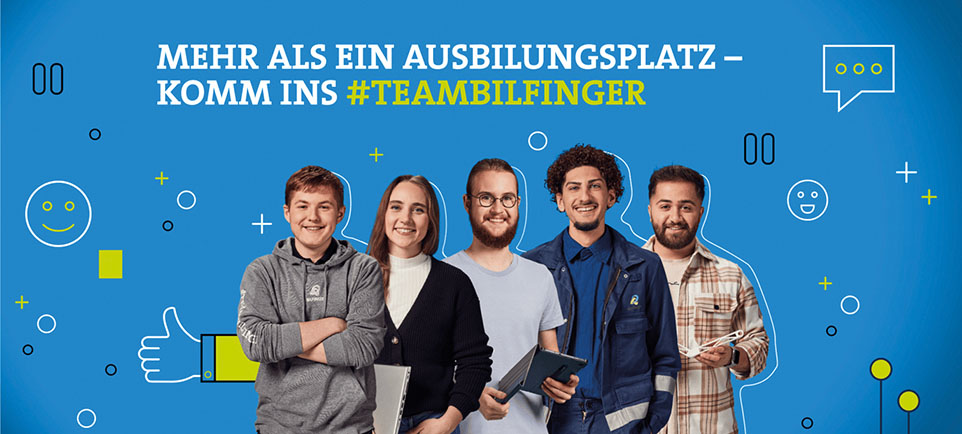 3 junge Menschen lächeln, Spruch: Mehr als ein Ausbildungsplatz – komm ins #TeamBilfinger