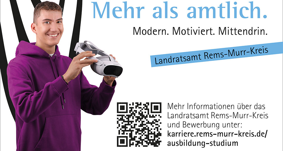 Junger Mensch, der in die Zukunft blickt. Daneben steht der Slogan: Mehr als amtlich. Modern. Motiviert. Mittendrin.