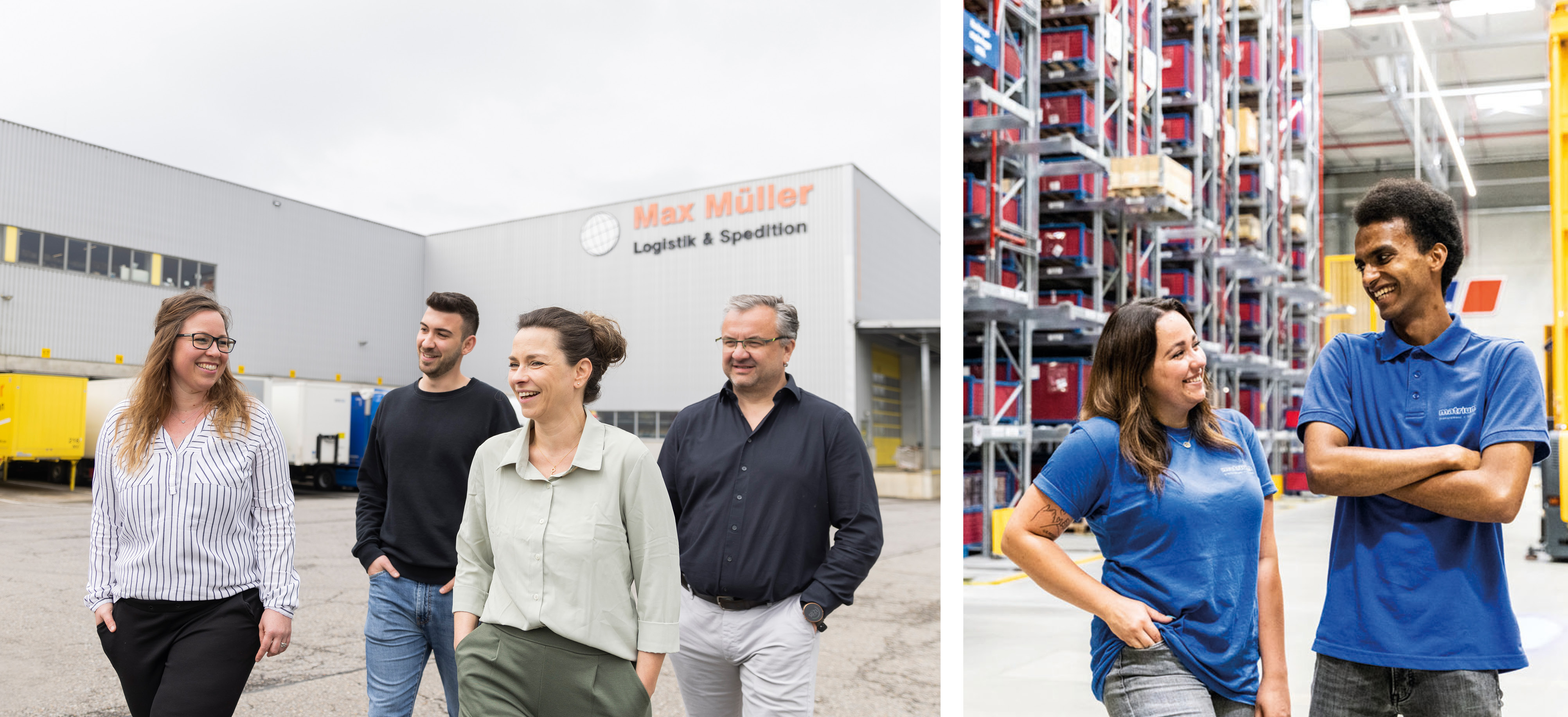 Collage: Firmensitz mit Personen im Vordergrund (links) und zwei Personen in einer Werkshalle (rechts) 