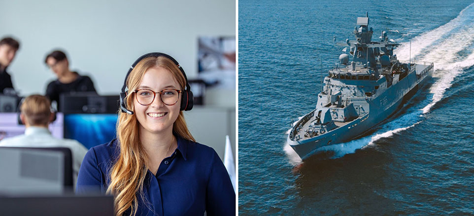 Auszubildende von NVL mit Headset / Schiff auf dem Wasser