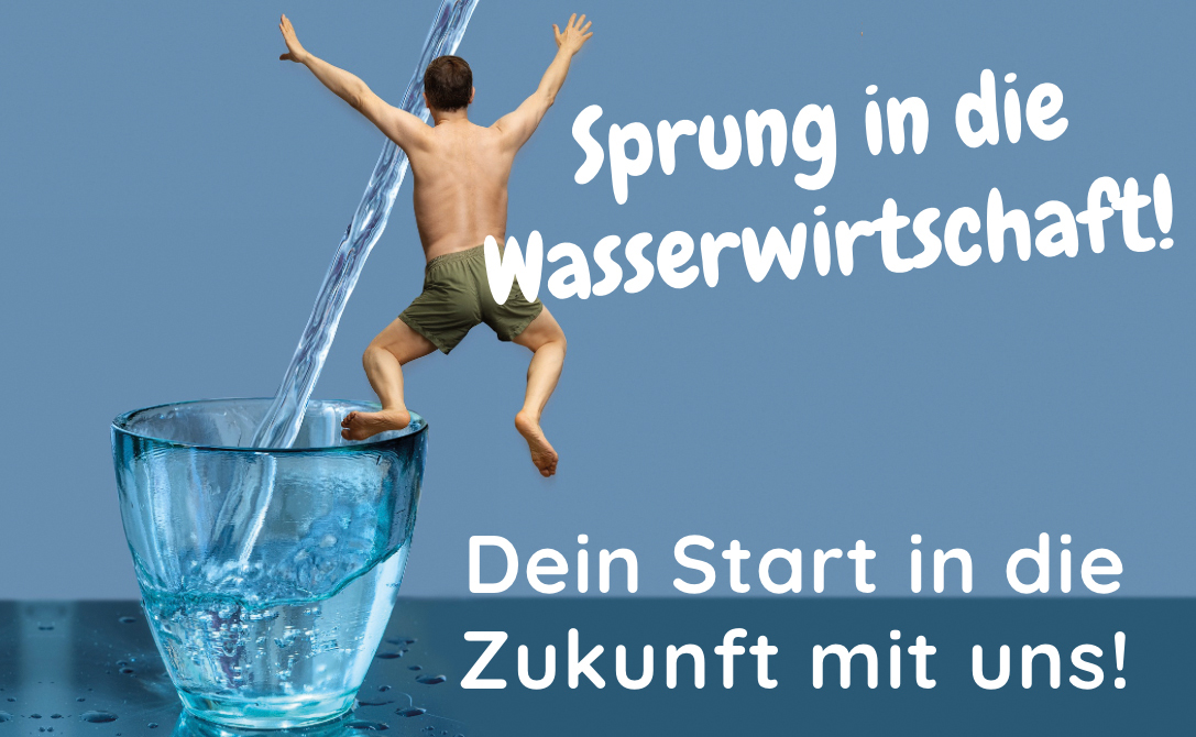 Mensch von hinten der von einem großen Wasserglas springt