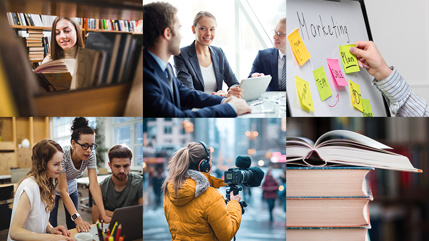 Collage zum Thema Geisteswissenschaften und Berufswahl: Bücher, junge Menschen in Meetings, in Medien- und Marketingberufen. 