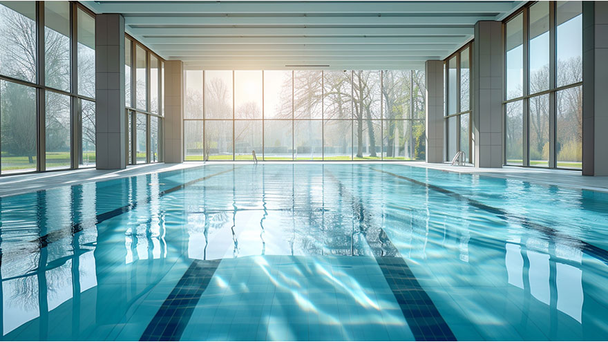 Hallenbad mit großen Fenster, in die das Sonnenlicht hinein strahlt.